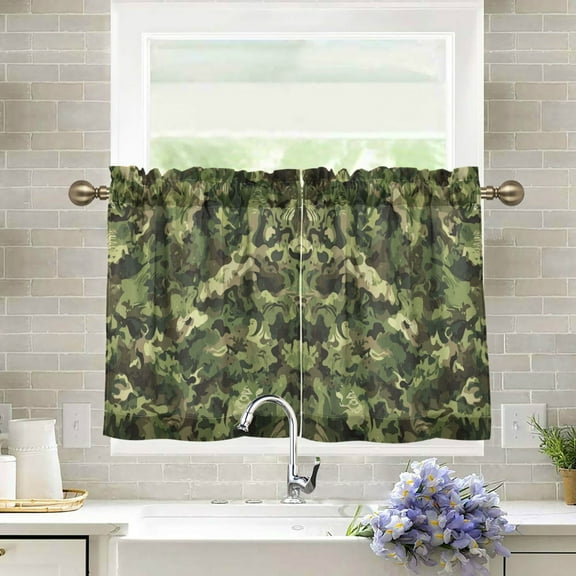 Wobogo Green Camouflage Kitchen Curtains 2 Piece Set Farmhouse Country Style Light Filtering Small Window Drapes Suitable for Bathroom Laundry Room and RV 27x24in