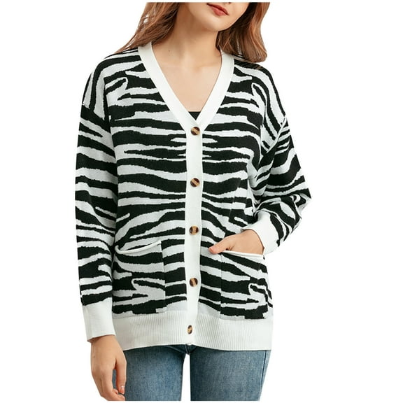 QIPOPIQ Cardigan for Women Clearance Casual Long Sleeve Knitted Short Cardigan Tops Button Down Coat Fitted Stripe Sweater for Women