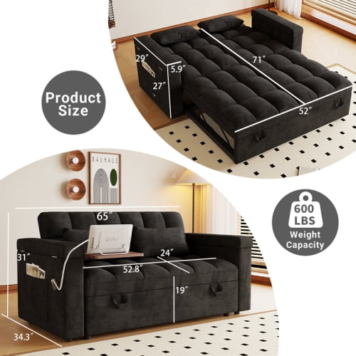 65" Compact 3-in-1 Sofa Bed, Pull-Out Loveseat Sleeper with Built-in USB Ports, Side Table & Storage Arms, Velvet Couch for Studios, Home Office & Guests
