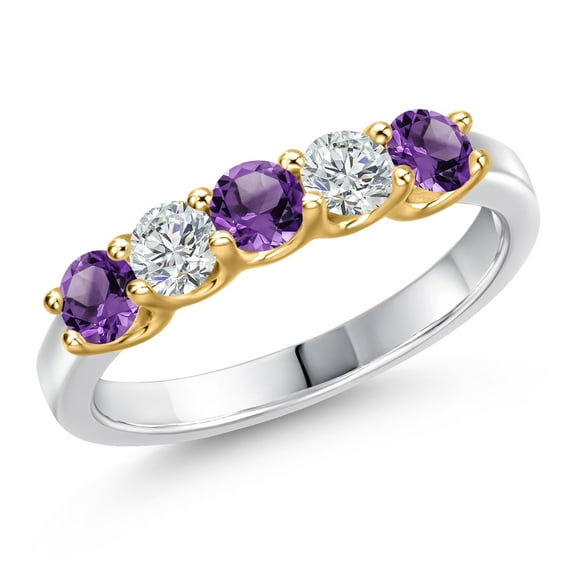 Gem Stone King 10K Two Tone Gold Purple Amethyst and Lab Grown Diamond Wedding-Bands Ring for Women | 0.82 Cttw | Round 3.5MM | Gemstone February Birthstone | Size 5