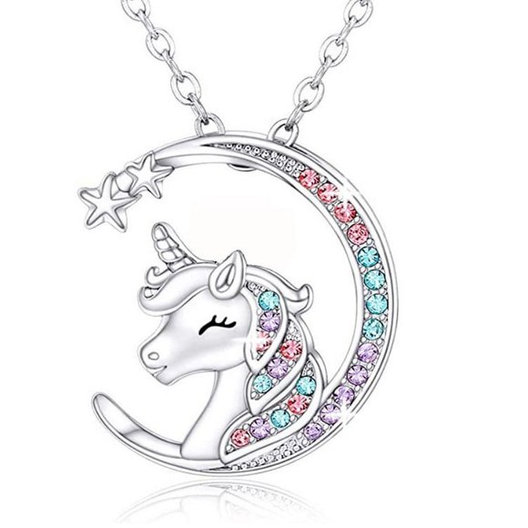 Unicorns Gifts for Girls Necklace: 925 Sterling Silver Crescent Moon Star Unicorn Necklace Cubic Zirconia Unicorn Little Girl Jewelry for Teen Girls & Women Dainty 18" Chain, Colorful