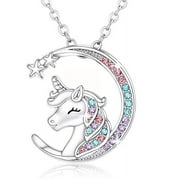 KAVELLE HOME INC Unicorns Gifts for Girls Necklace: 925 Sterling Silver Crescent Moon Star Unicorn Necklace Cubic Zirconia Unicorn Little Girl Jewelry for Teen Girls & Women Dainty 18" Chain, Colorful