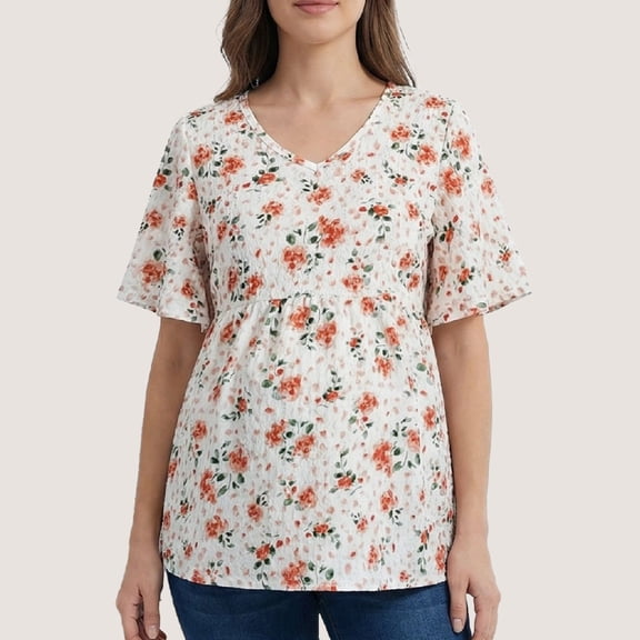 Bearsland Women's Maternity Top Floral Print Short Sleeve V-Neck Textured Blouse