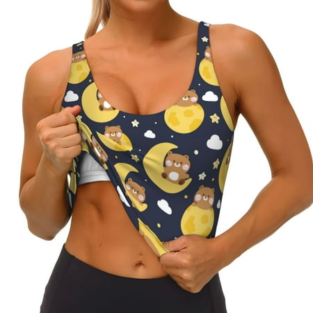 Qokaie Moon Bear Pattern Womens Scoop Neck Sports Bra Breathable Workout Vest Padded U Back Medium Impact Fitness Gym Yoga Bra Workout Crop Top