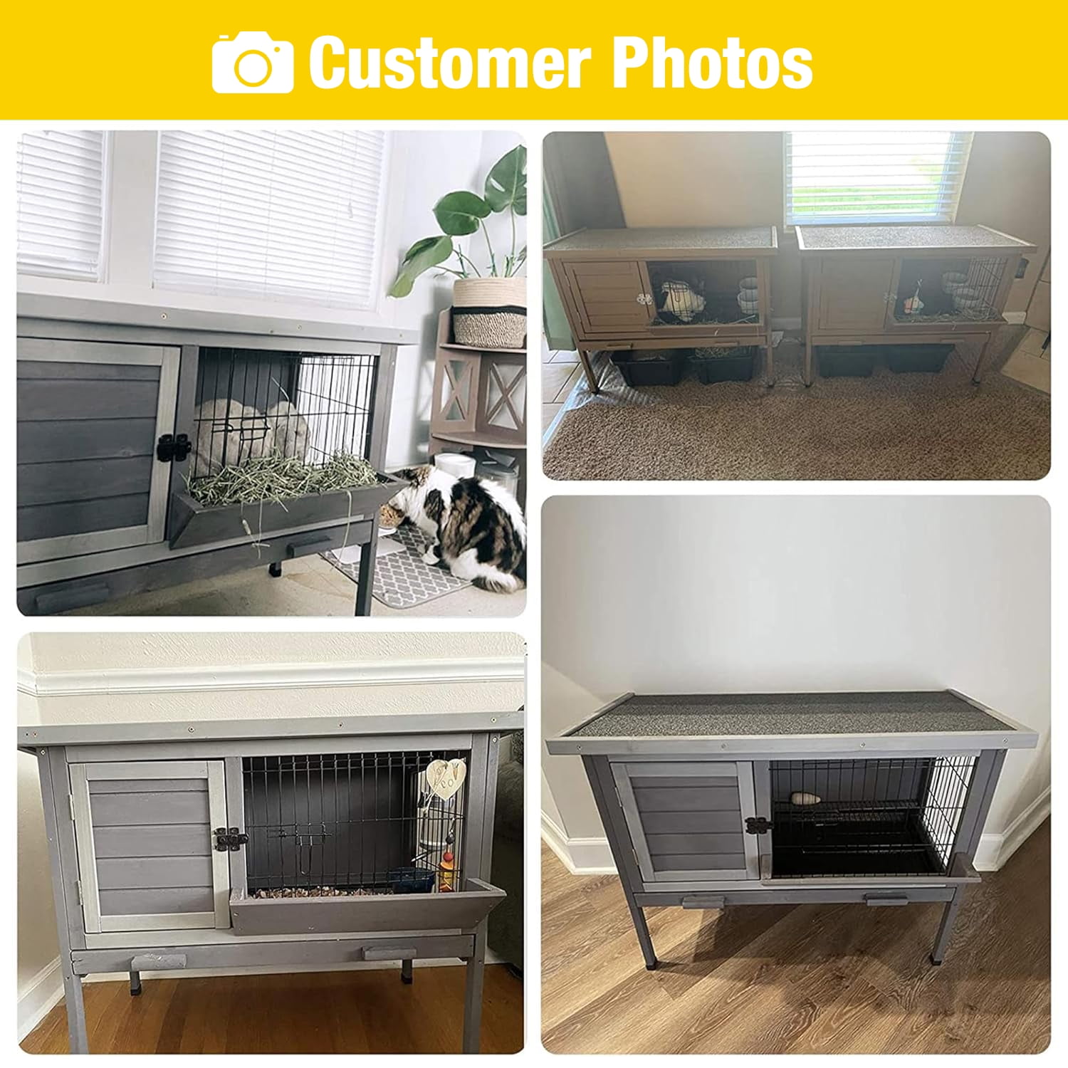 Aivituvin Rabbit Hutch, Wooden Bunny Cages Indoor with Deeper Leakproof Tray - Upgrade with Metal Wire Pan (Grey, Rabbit Hutch #001-B) Large