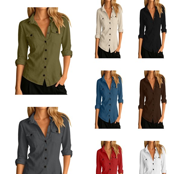 Kureaily Women's Collared Button Up Chest Pocket Roll Tab Long Sleeve Shirt (Army Green)
