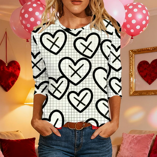 Hauts pour Femmes T-Shirt à Manches 3/4 à Imprimé Cœur de la Saint-Valentin à Col Rond Noir G
