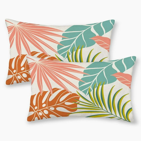 Summer Tropical Pillow Covers 12x20 Set of 2, Monstera Palm Leaf Pillowcase Green Orange Botanical Coral Summer Throw Pillows Outdoor Decor Farmhouse Cushion Case Linen Decorative for Home