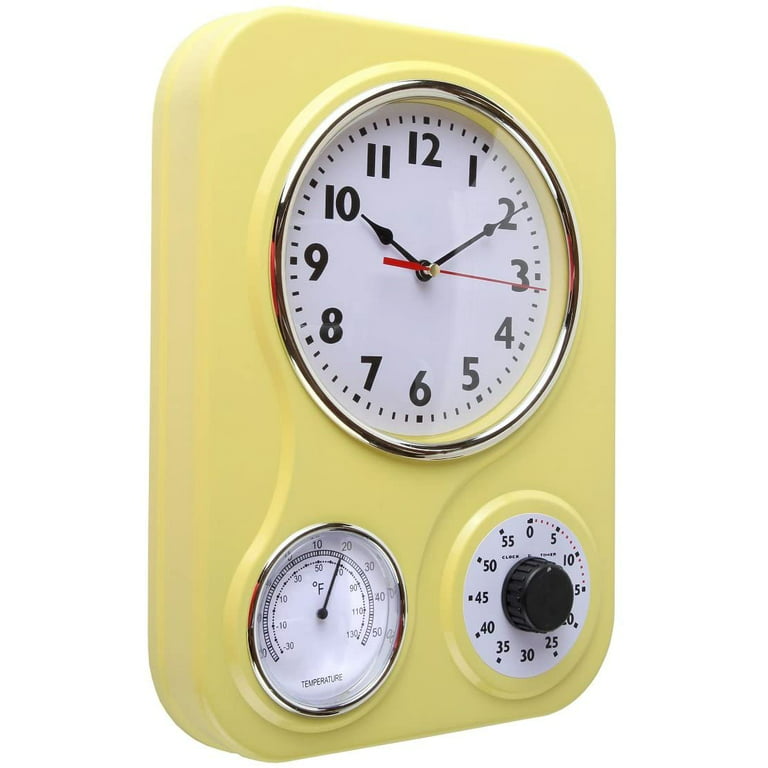 Lily's Home Retro Kitchen Wall Clock, with a Thermometer and 60-Minute  Timer, Ideal for Any Kitchen, Yellow (9.5 in x 13.3 in)
