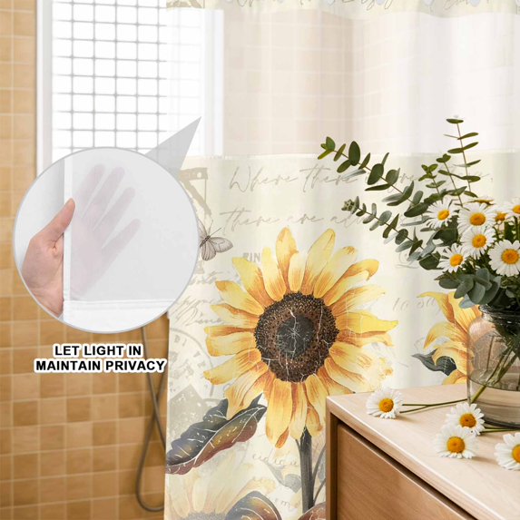 No Hook Shower Curtain with Built-in Rings - Yellow Vintage Sunflower Washable Waterproof Fabric Bathroom Curtains for Hotel,Rentals, 60 X 72 Inch Long , Country Butterfly Leaf Beige