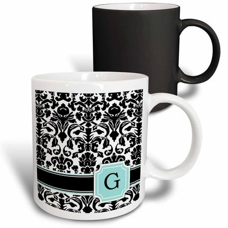 

3dRose Letter G personal monogrammed mint blue black and white damask pattern - classy personalized initial Magic Transforming Mug 11oz