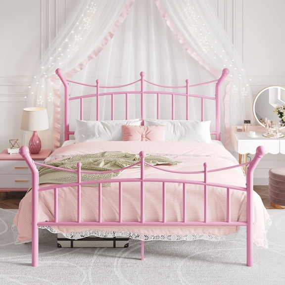 Amolife Queen Bed Frame, Metal Platform Bed with Crown-Shaped Headboard and Footboard, 12.6'' Under-Bed Storage Space, No Box Spring Needed, Pink