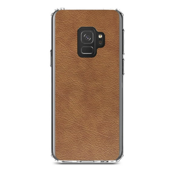 DistinctInk Clear Shockproof Hybrid Case for Samsung Galaxy S9 (5.8" Screen) - TPU Bumper, Acrylic Back, Tempered Glass Screen Protector - Dark Brown Faux Leather Print Design - Printed Leather