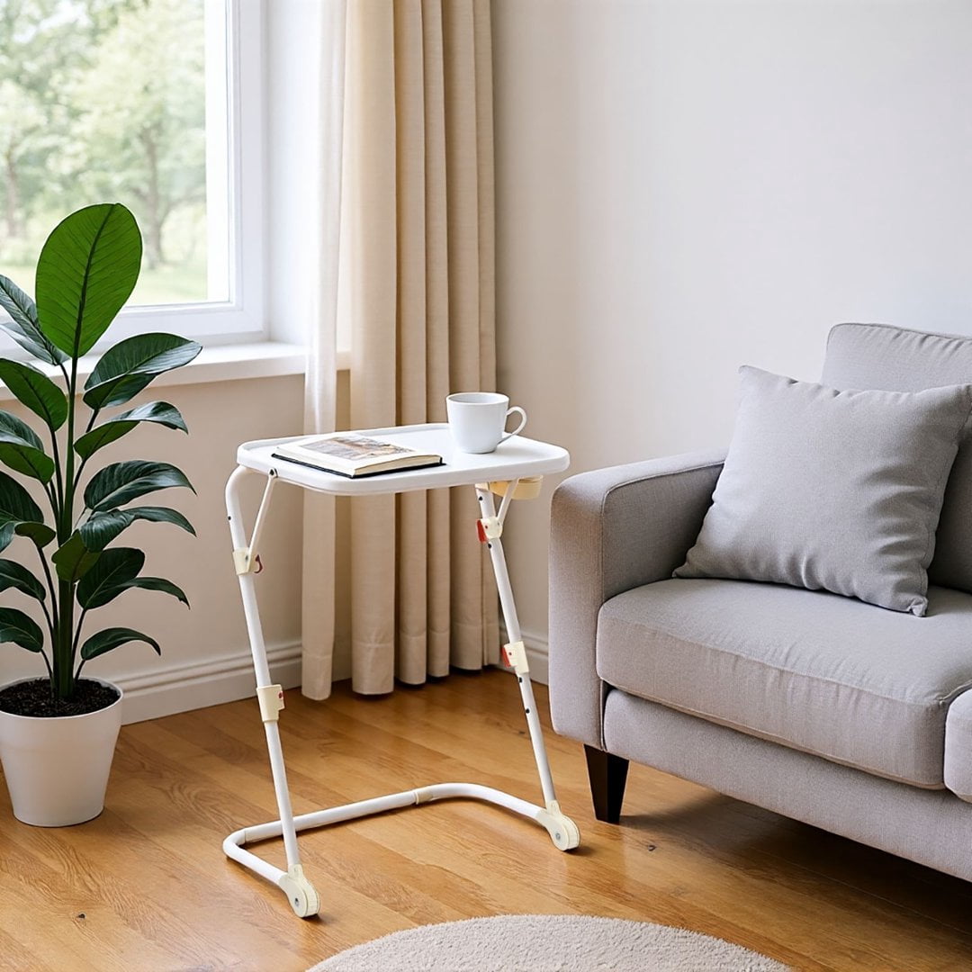 Gewnee Folding Table Trays,with 4 Height & 3 Tilt Angle,TV Tray Table with Cup Holder,Dinner Tray for Eating on Couch,Laptop & Bed.White