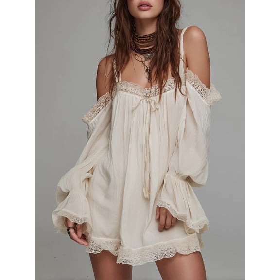 Women's Apricot Off Shoulder Mini Dress Lace Trim Puff Sleeve Dress with Bust Tassel Tie