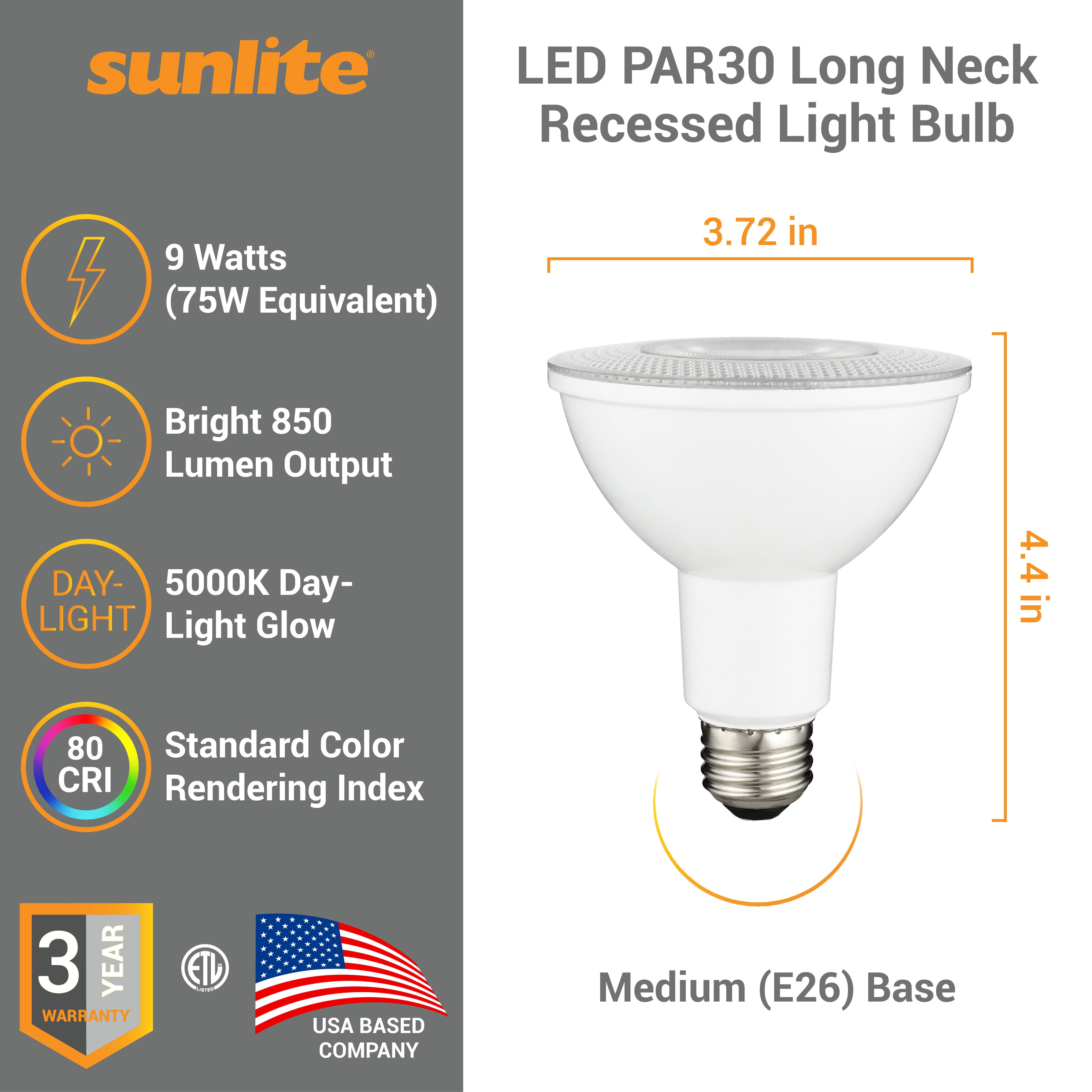 Sunlite LED PAR30 Long Neck Recessed Light Bulb, 10 Watts, (75W Equivalent), Medium E26 Base, Dimmable,UL Listed, 5000K Daylight, 6-Pack