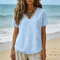 thumbnail image 5 of VEKDONE Summer Cotton T Shirts for Women Short Sleeve V-Neck Tunic Tops Solid Color Loose Fit Gauze Blouse Casual Lightweight Breathable Peasant Shirts Light Blue M, 5 of 6