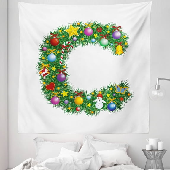 Letter C Tapestry, Celebration Design Letter C Capital Hearts Colorful Balls Winter Holiday, Fabric Wall Hanging Decor for Bedroom Living Room Dorm, 5 Sizes, Multicolor, by Ambesonne