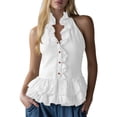 thumbnail image 4 of Craaazy Womens Ruffle Trim Boho Tops Sleeveless Halter Neck Solid Color V Neck Cotton Linen Peplum Blouses for Summer Casual Wear, 4 of 7