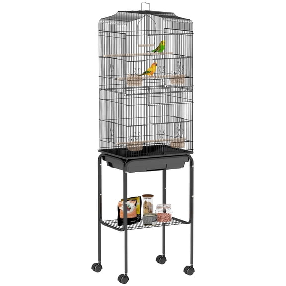 PawHut 62" Bird Cage Budgie Cage with Wheels, Detachable Stand, Storage, Black