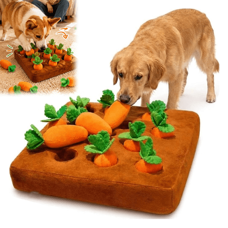 Carrot Patch Dog Toy Interactive Puzzle Squeaky Snuffle Mat with Removable Pieces 14 Inch Washable Enrichment Feeder for Mental Stimulation