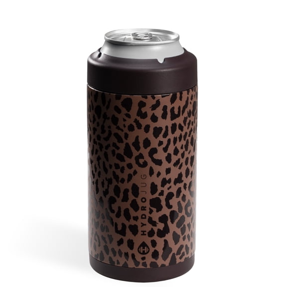 HydroJug Can Cooler - Standard 2-in-1 Insulated Can Cooler Cup 16oz - Stainless Steel, Non-Slip Rubber Base, Screw-Top Lid - Brown Leopard