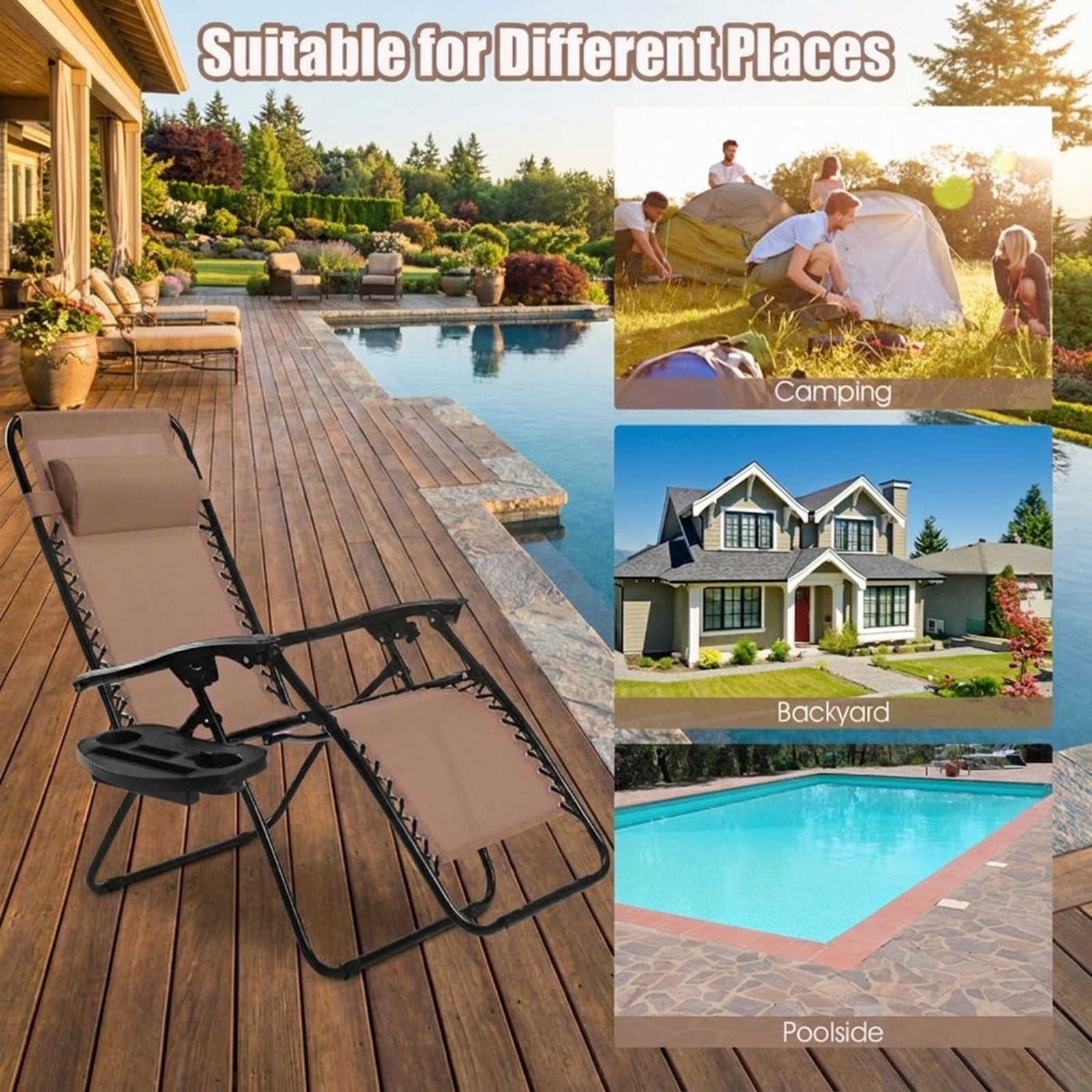 Furnibear 2 Piece Folding Zero Gravity Lounge Chair Set with 0 to 160 Degree Recline Removable Tray Padded Pillow Powder Coated Steel Frame and Bungee Support for Patio, Gray