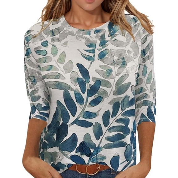 Trendfront Womens Leaf Print T Shirts Crewneck 3/4 Sleeve Botanical Pattern Relaxed Fit Casual Tee Tops
