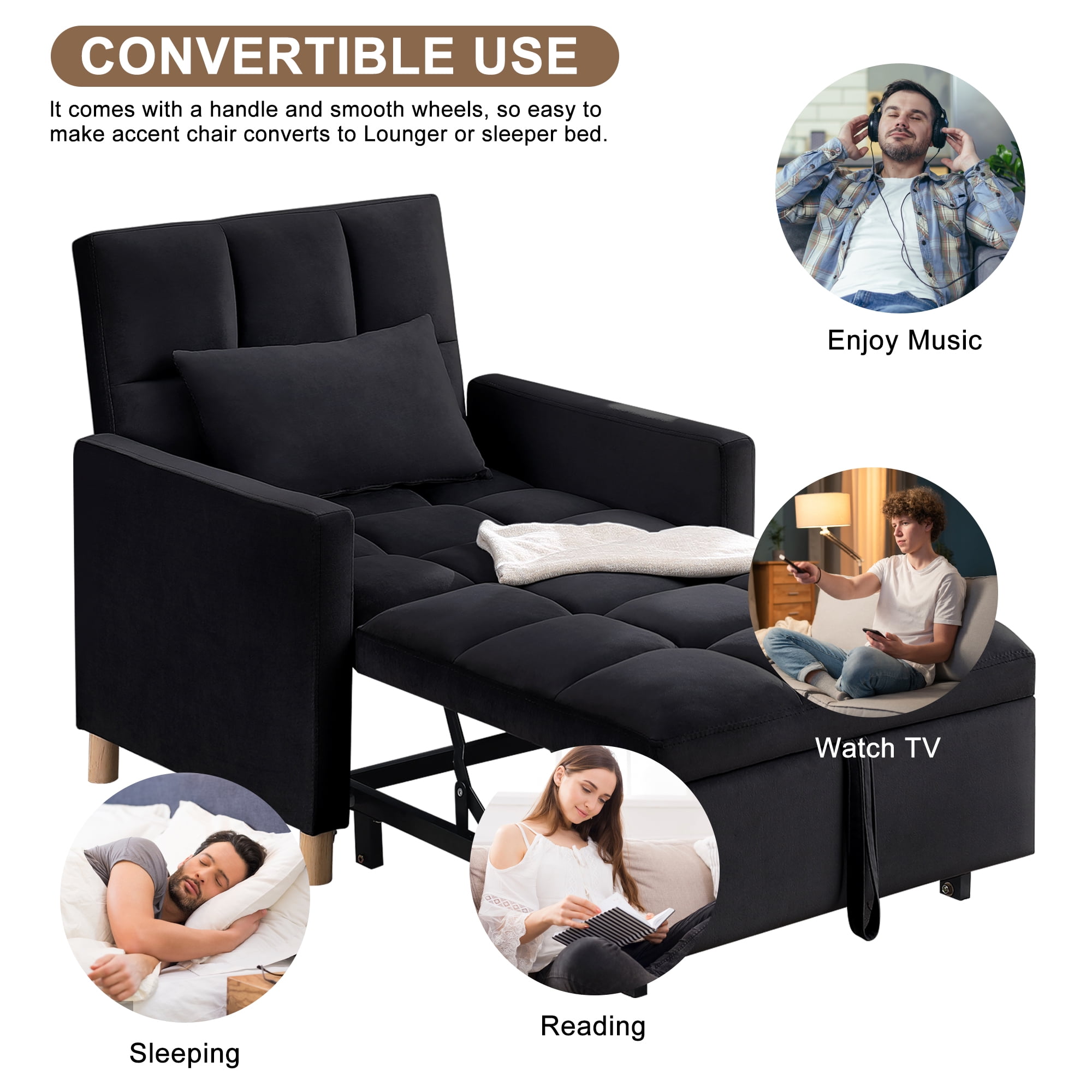 Aukfa 3-in-1 Sleeper Chair, Convertible Pull Out Chair Bed for Small Space, Black