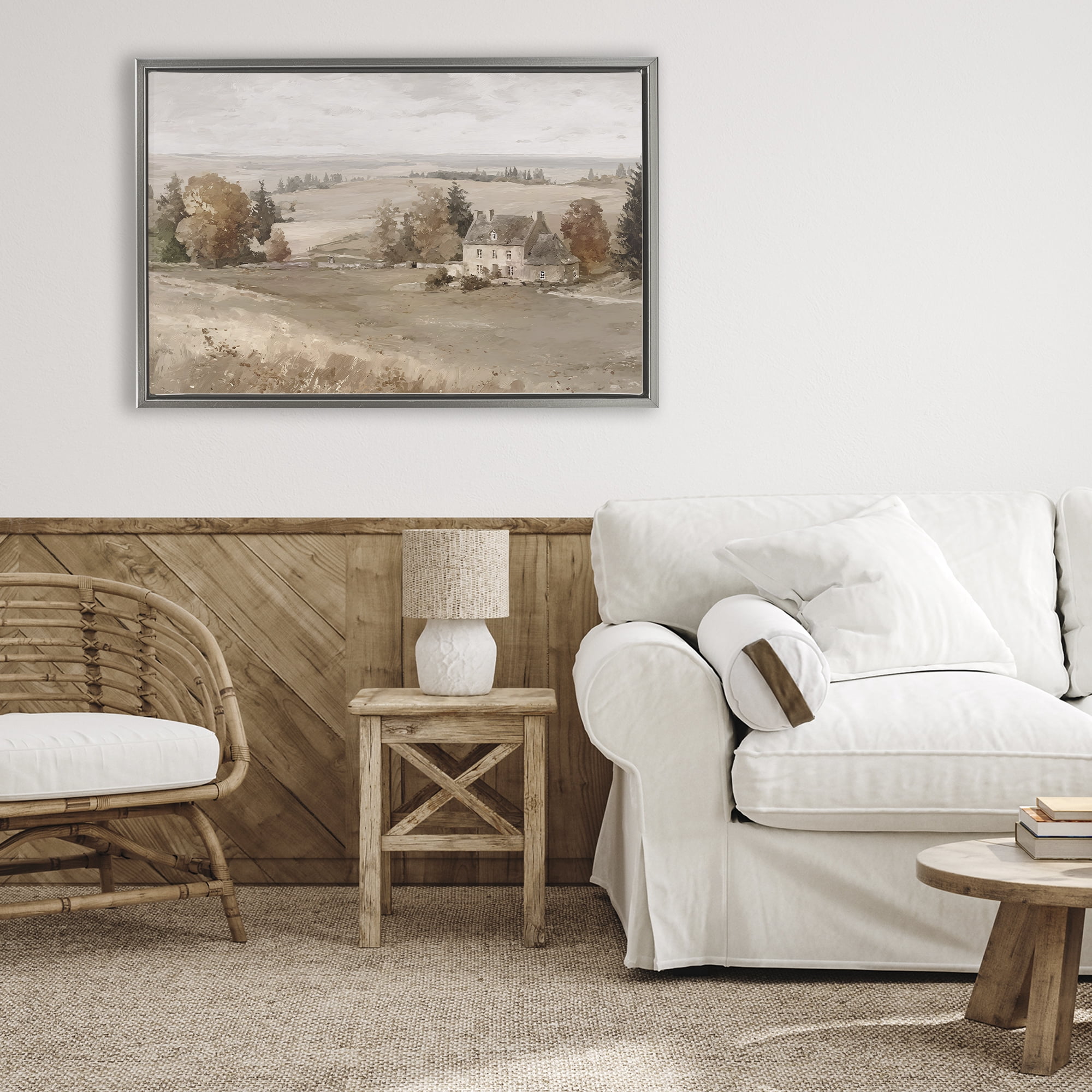 Stupell Industries Quaint Cottage in Countryside Gray Framed Floater Canvas Wall Art, design by Jacky Ngan