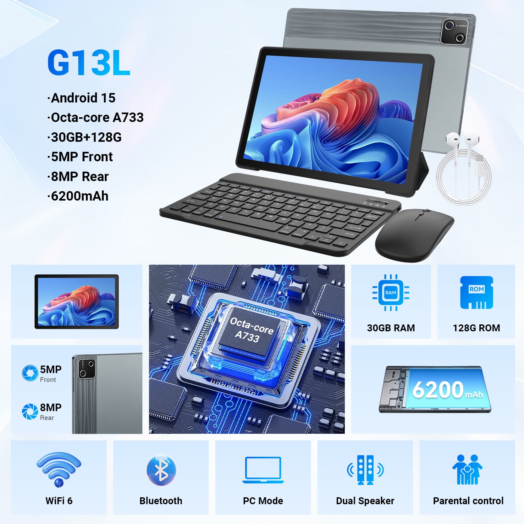AEEZO Android 15 Tablet with Keyboard, 30GB RAM+128GB Storage(Expand to 1TB), 6200mAh Battery, Widevine L1, 10 Inch 2-in-1 Tablets with WiFi 6, BT5.0, Mouse, Case, Stylus(Gray)