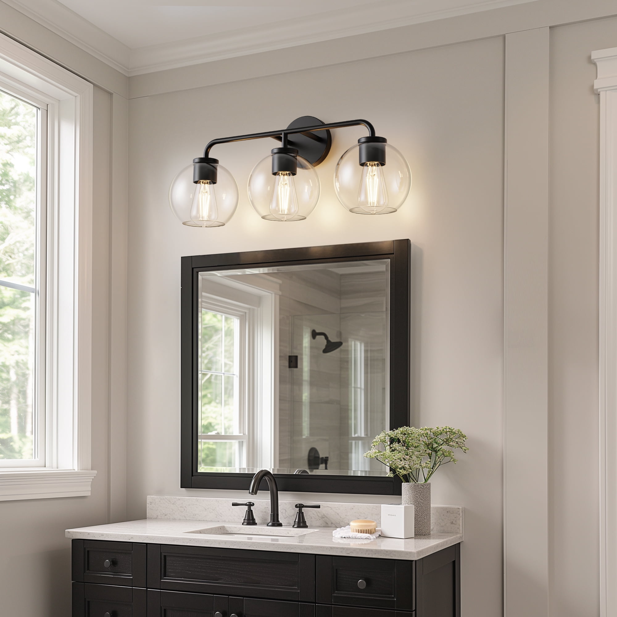 YANSUN 22.7 in 3 Light Vintage Industrial Triple Globe Vanity Light, Matte Black  Wall Sconce with Glass Shades for Bathroom Mirror, Makeup Vanity