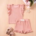 thumbnail image 2 of REDARER Summer Toddler Girls Ruffles Fly Sleeve T Shirt Ribbed Tops Shorts Outfits,12-18 Months, 2 of 4