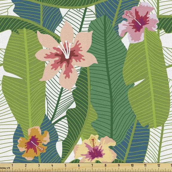 Ambesonne Aloha Fabric by the Yard Upholstery, Banana Leaves Hawaii, 5 Yards, Multicolor