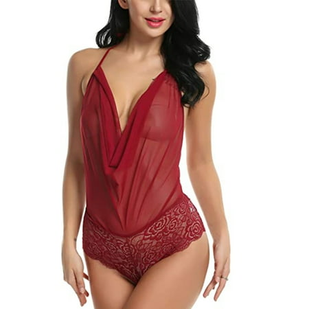 Women Sexy Lingerie Teddy One Piece Lace Halter Babydoll Bodysuit