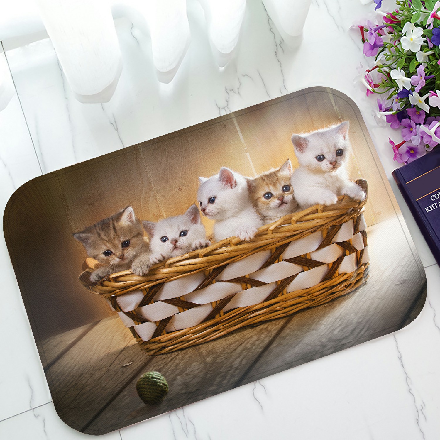 ABPHQTO Five Kittens Of British Shorthair Breed In The Basket Doormat Entrance Rug Area Rug