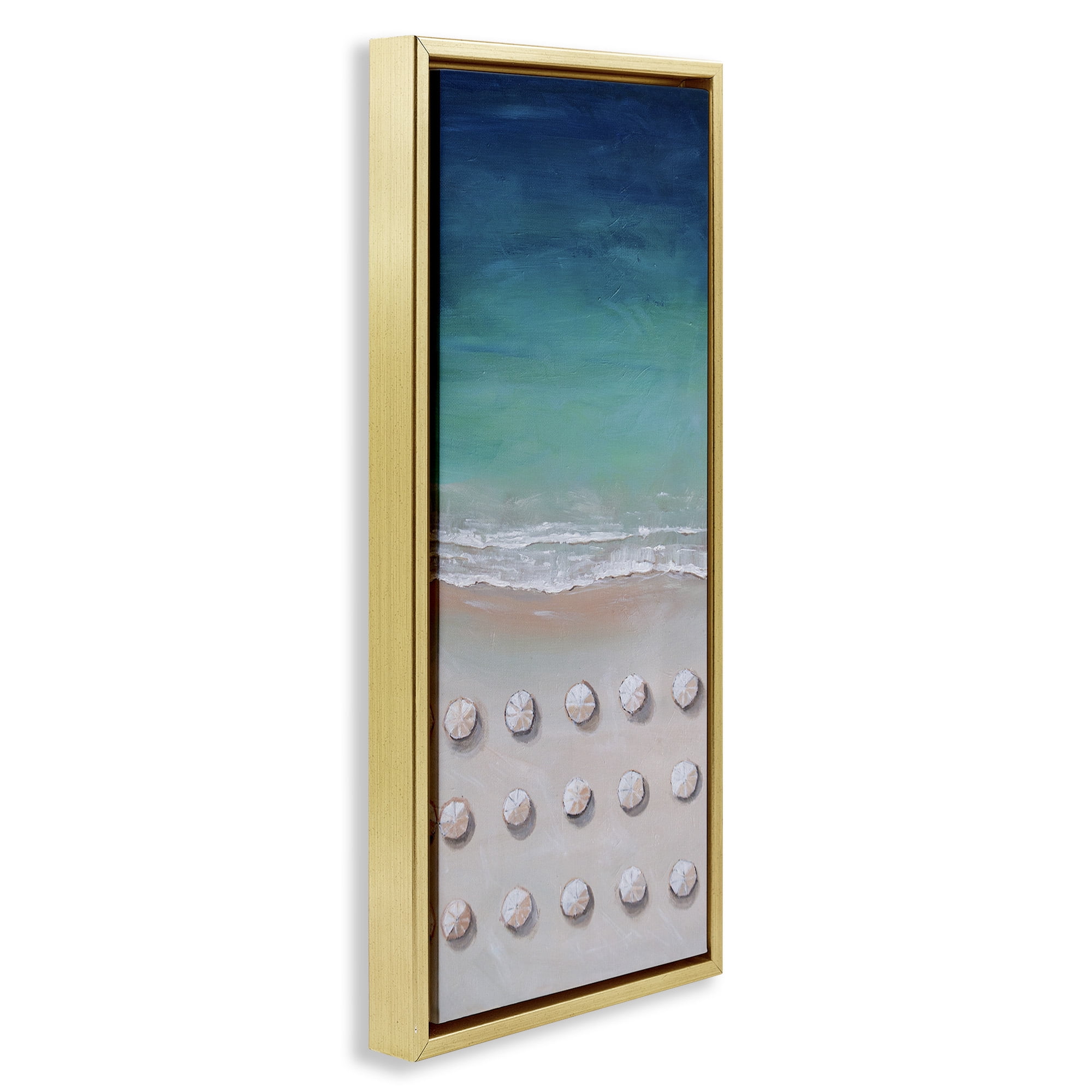 Stupell Industries Aerial Umbrellas on Beach Coast Nature Painting Gold Floater Framed Canvas Art Print Wall Art, 11 x 25