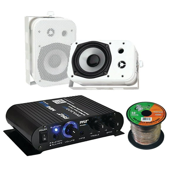 Pyle PFA330BT Amp System w/ 2x 5.25" 400W Indoor/Outdoor White Waterproof Speakers, Speaker Wire