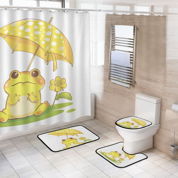4 Pcs Cute Frog Bathroom Shower Curtain Set with 12 Hooks Bath Mat Toilet Lid Cover
