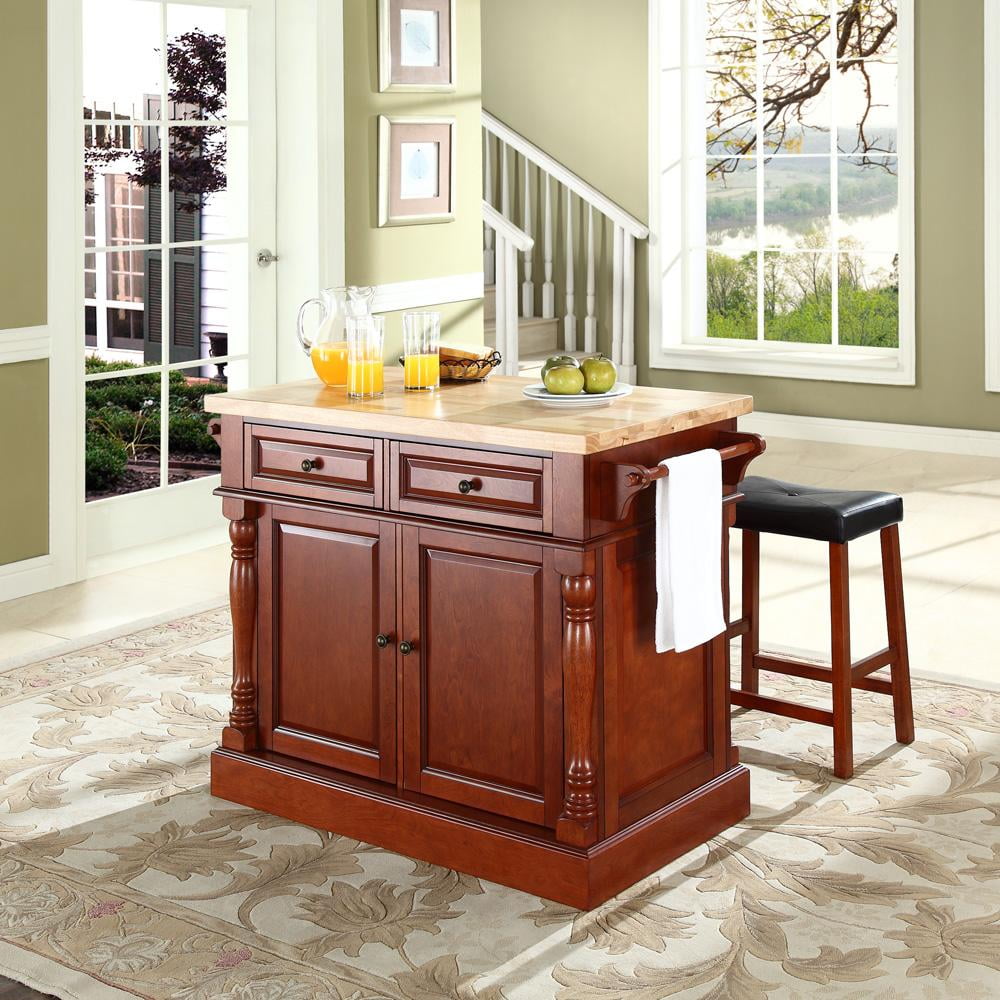 Crosley Furniture Butcher Block Top Kitchen Island With Upholstered Saddle Stools Multiple Finishes