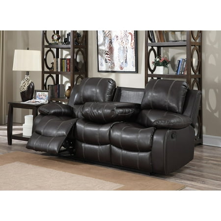 Dark Brown PU Leather 3 Seat Double Recliner Sofa with Drop Down