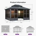 thumbnail image 2 of PURPLE LEAF 12' x 14' Sunroom Hardtop Gazebo Solarium Aluminum Frame Gazebo with Galvanized Steel Double Roof, Outdoor All-Weather Screen House for Backyard Patio Lawn and Garden - Grey, 2 of 13