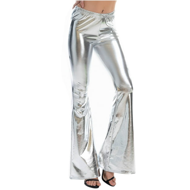 Womens Shinny Metallic Flared Pants High Waist Stretchy Bell Bottom Pants  Wet Look Wide Leg Pants Trousers Club Wear