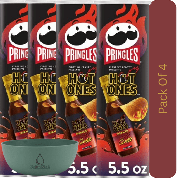 Pringles Hot Ones Spicy Barbacoa Potato Crisp Chips, 5.5 oz Canister With Olive Green Bowl By ValueNest