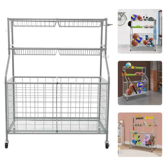 Toy Storage Rack, Garage Sports Equipment Organizer, Ball Storage Rack Silver for Garages, Homes, Storage Room