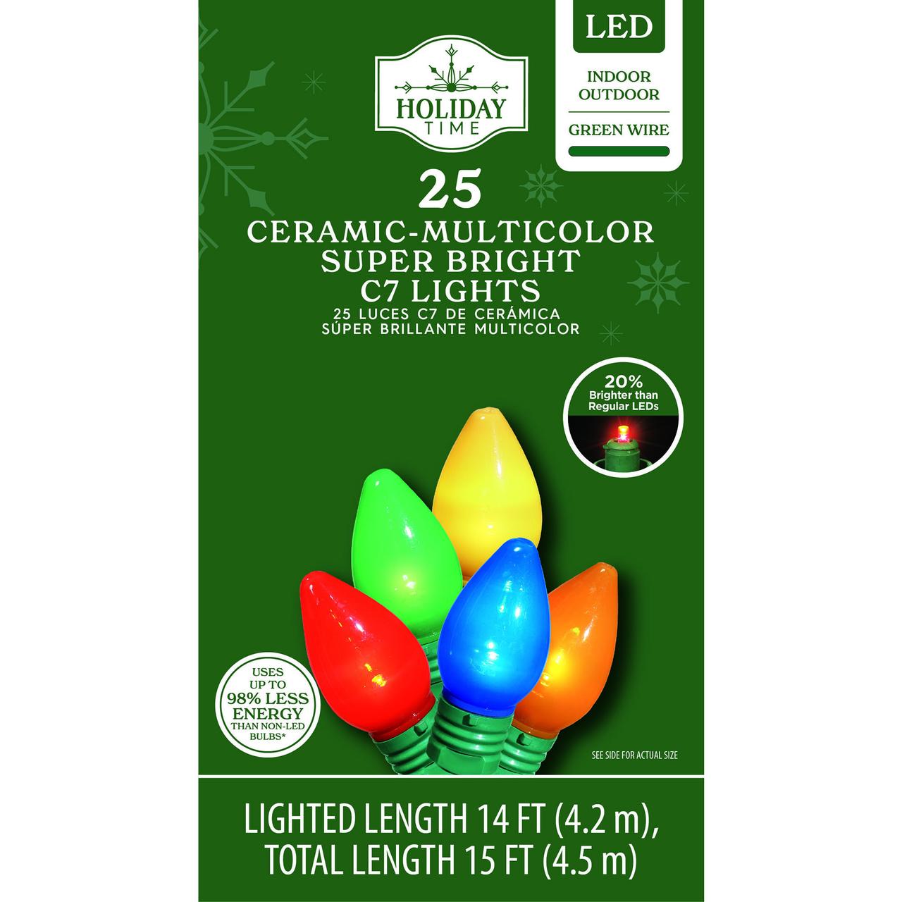 Indoor/Outdoor 25-Count Super Bright LED C7 Christmas Lights, Ceramic Multicolor, 14', Holiday Time