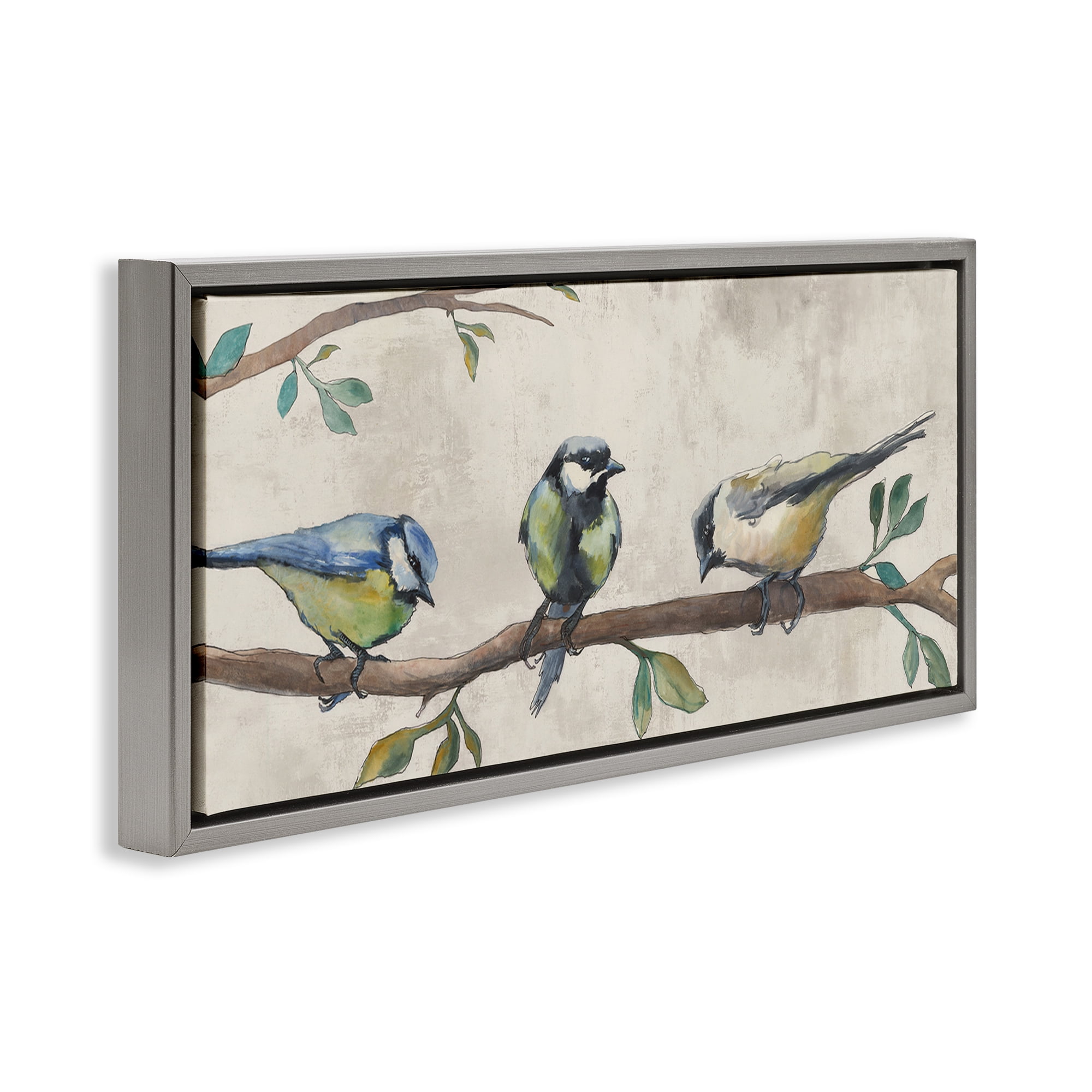 Stupell Industries Perched Songbirds on Branch Animals Painting Gray Floater Framed Canvas Art Print Wall Art, 25 x 11