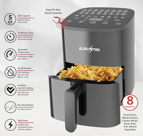 EUROSTAR 5 Quart Air Fryer, Black - Non-Stick