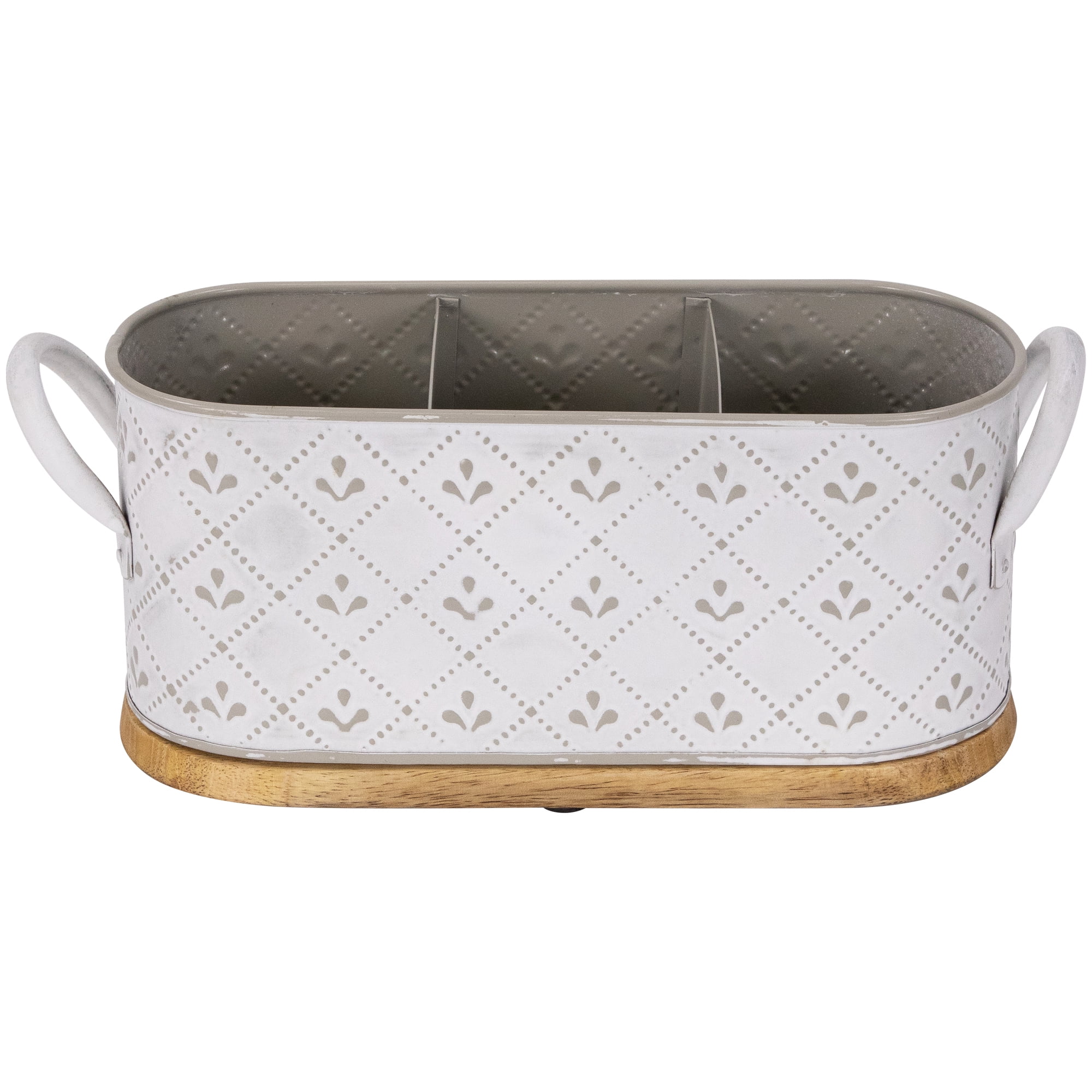 Northlight 11.25" White Oval Embossed Utensil Caddy with Side Handles and Wooden Base