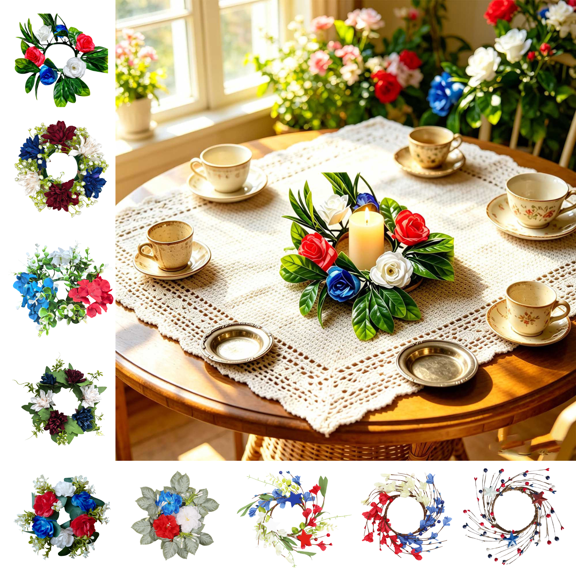 CuiLiyq 4th of July Candle Rings, Artificial Flower Wreath, Red Blue White Patriotic Candle Holder, Tables Centerpieces Home Farmhouse Decor for Independence Day Memorial Day
